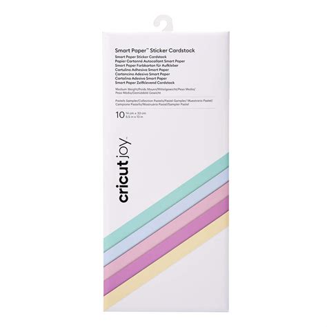 2008872 - Cricut Joy Smart Sticker Cardstock 5.5X13 10 Pack (Pastels Sampler); 10 sheets (5 colors, 2 each) 13.9 cm x 33 cm (5.5"x 13") in Mint, Powder Blue, Petal, Lilac, Butter; Skip the glue for hassle-free paper projects; Works without a cutting mat – just load & go!; Smooth, medium weight (210 gsm / 78 lb); For Cricut Joy™; Works without a cutting mat – just load & go; Skip the glue for hassle-free paper projects; Smooth, medium weight (210 gsm / 78 lb)